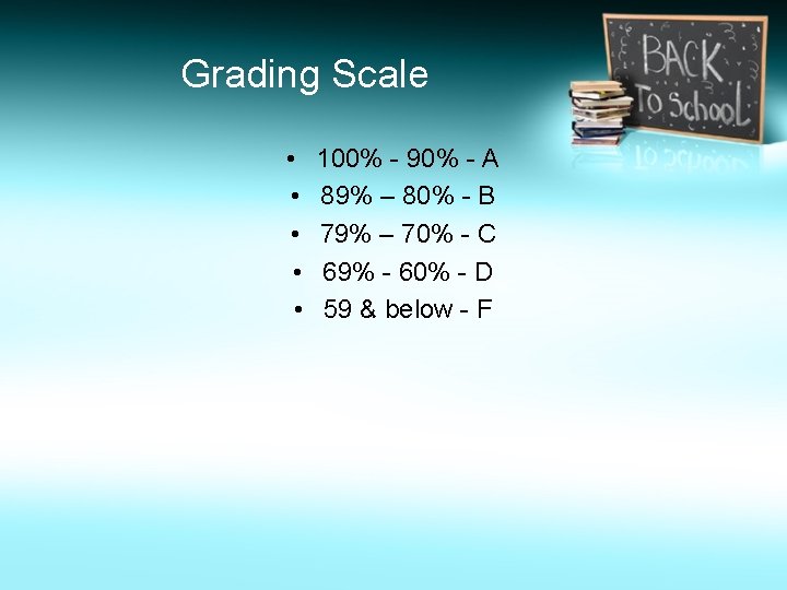 Grading Scale • • • 100% - 90% - A 89% – 80% -