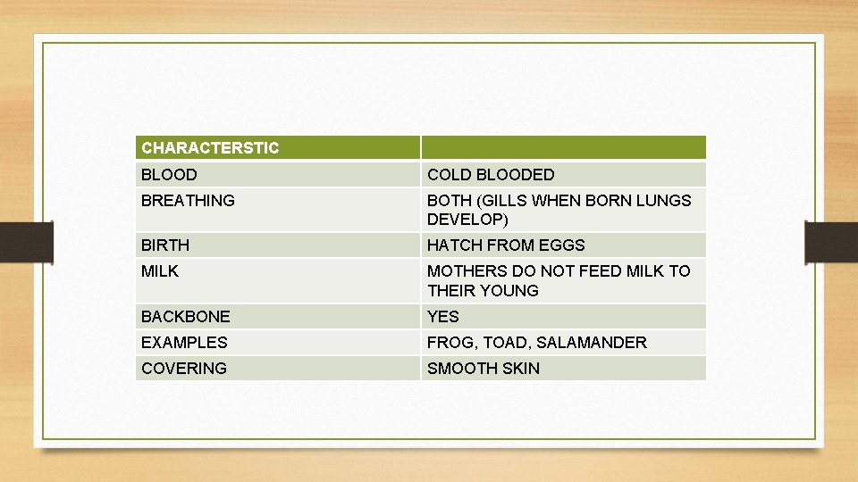 CHARACTERSTIC BLOOD COLD BLOODED BREATHING BOTH (GILLS WHEN BORN LUNGS DEVELOP) BIRTH HATCH FROM