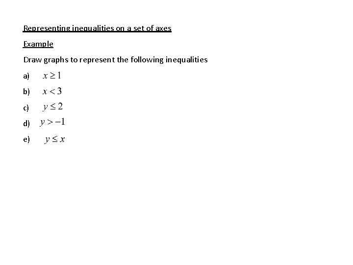 Representing inequalities on a set of axes Example Draw graphs to represent the following