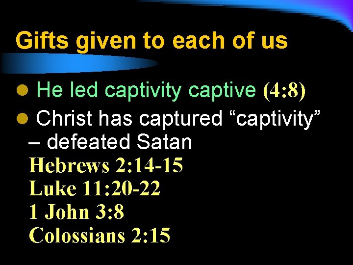 Gifts given to each of us l He led captivity captive (4: 8) l