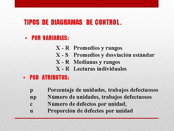 TIPOS DE DIAGRAMAS DE CONTROL. • POR VARIABLES: X-R X-S ~ X-R Promedios y