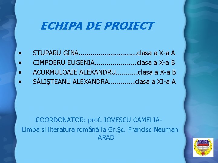 ECHIPA DE PROIECT • • STUPARU GINA. . . . clasa a X-a A