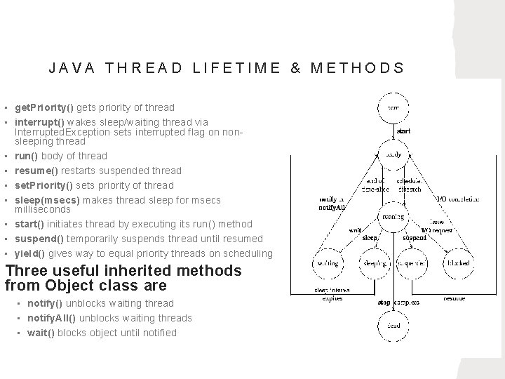 JAVA THREAD LIFETIME & METHODS • get. Priority() gets priority of thread • interrupt()