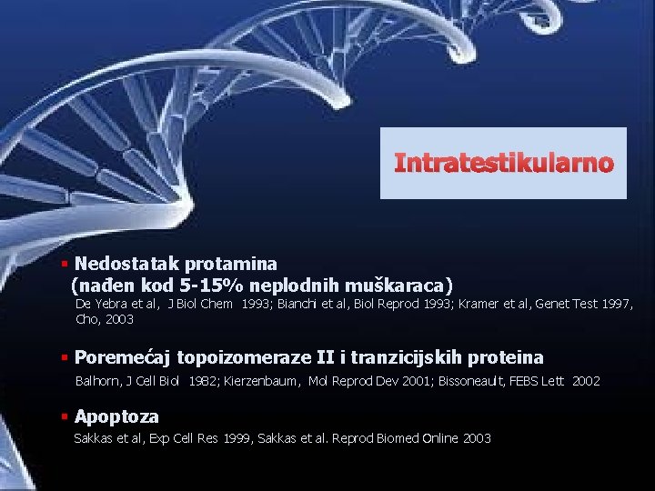 Intratestikularno § Nedostatak protamina (nađen kod 5 -15% neplodnih muškaraca) De Yebra et al,