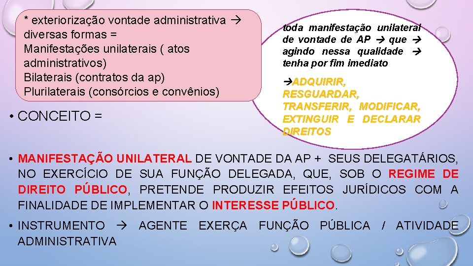 * exteriorização vontade administrativa diversas formas = Manifestações unilaterais ( atos administrativos) Bilaterais (contratos