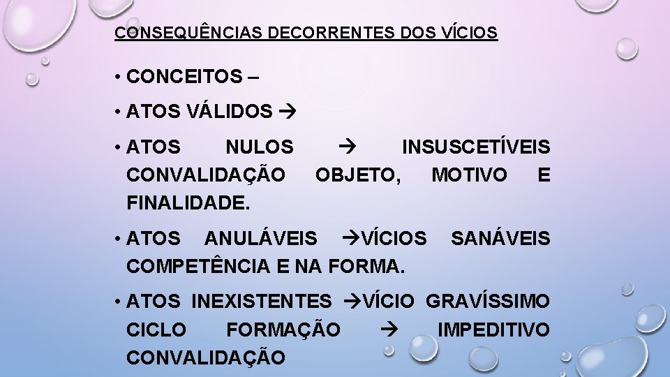 CONSEQUÊNCIAS DECORRENTES DOS VÍCIOS • CONCEITOS – • ATOS VÁLIDOS • ATOS NULOS CONVALIDAÇÃO