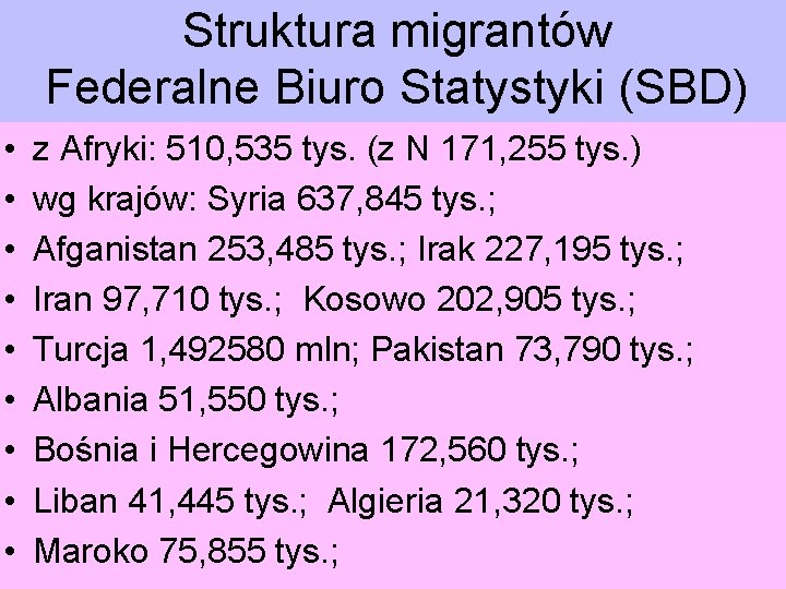 Struktura migrantów Federalne Biuro Statystyki (SBD) • • • z Afryki: 510, 535 tys.