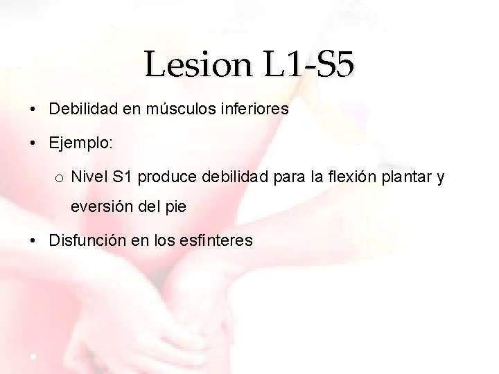 Lesion L 1 -S 5 • Debilidad en músculos inferiores • Ejemplo: o Nivel