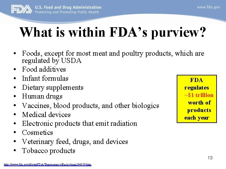 What is within FDA’s purview? • Foods, except for most meat and poultry products,