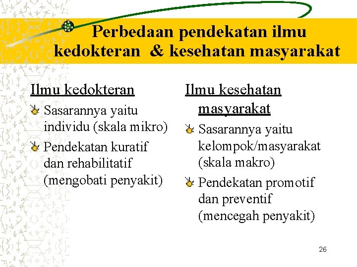 Perbedaan pendekatan ilmu kedokteran & kesehatan masyarakat Ilmu kedokteran Sasarannya yaitu individu (skala mikro)