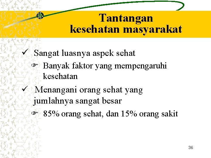 Tantangan kesehatan masyarakat Sangat luasnya aspek sehat Banyak faktor yang mempengaruhi kesehatan Menangani orang