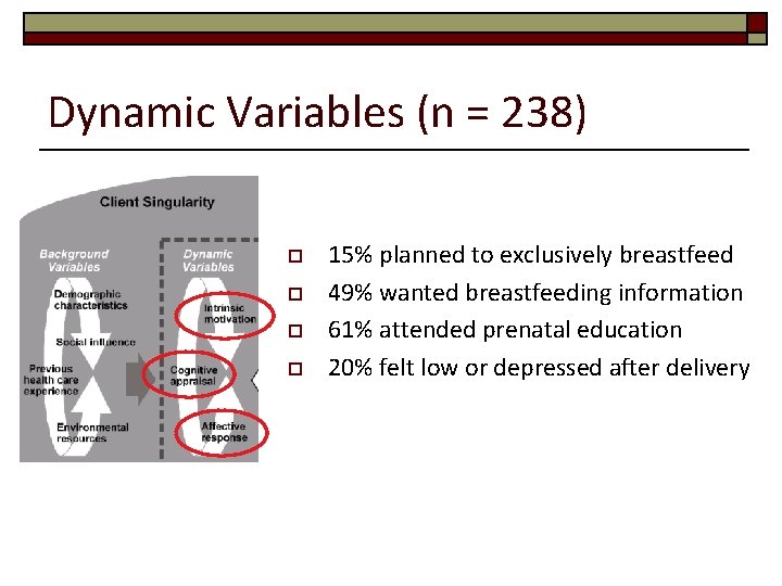 Dynamic Variables (n = 238) o o 15% planned to exclusively breastfeed 49% wanted