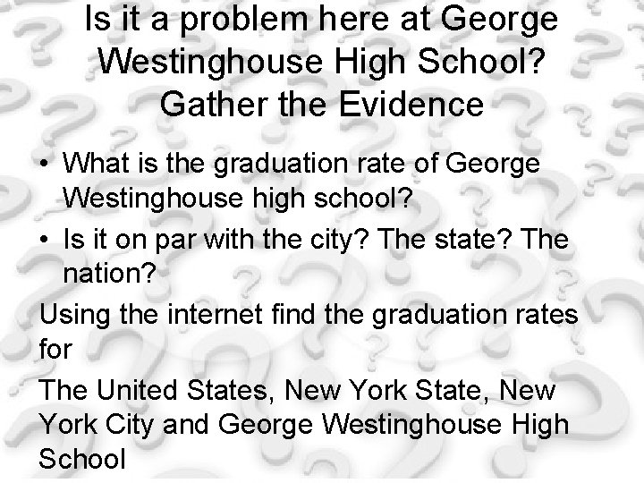 Is it a problem here at George Westinghouse High School? Gather the Evidence •