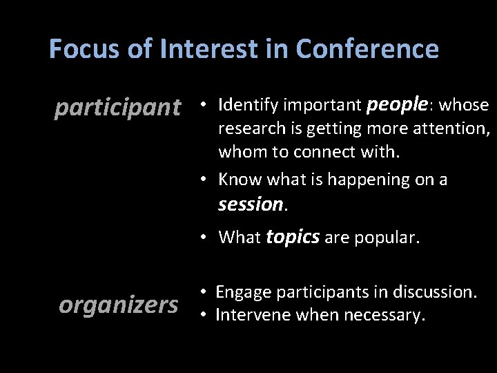 Focus of Interest in Conference participant • Identify important people: whose research is getting