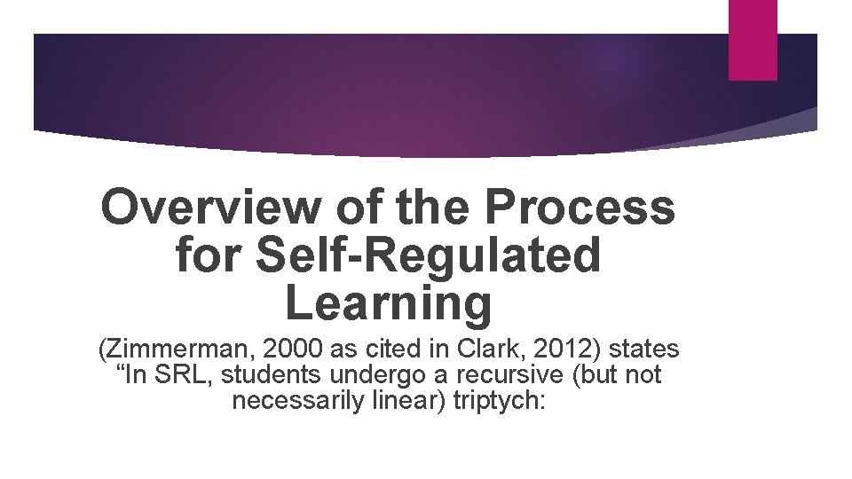 Overview of the Process for Self-Regulated Learning (Zimmerman, 2000 as cited in Clark, 2012)