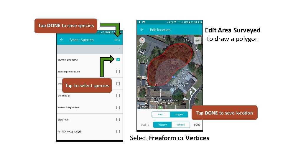Tap DONE to save species Edit Area Surveyed to draw a polygon Tap to