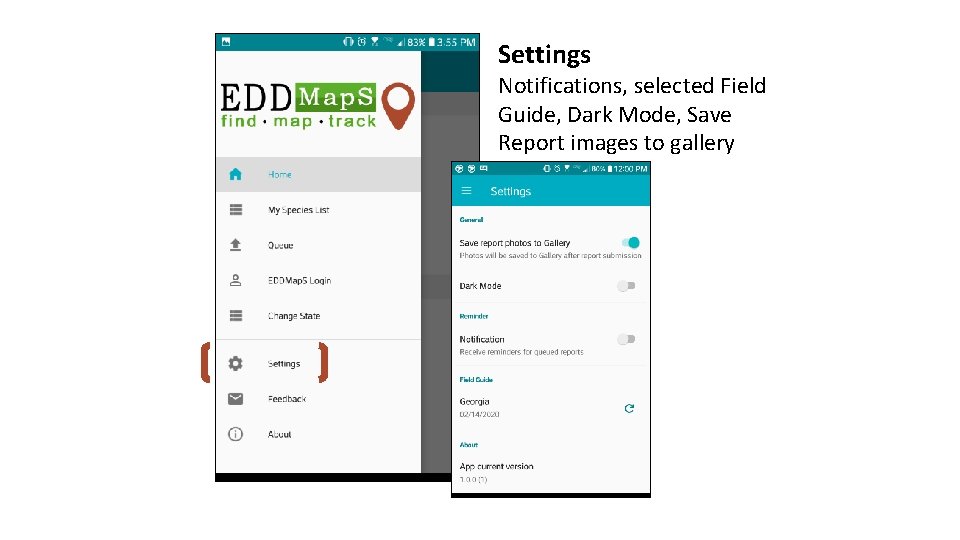 Settings Notifications, selected Field Guide, Dark Mode, Save Report images to gallery 