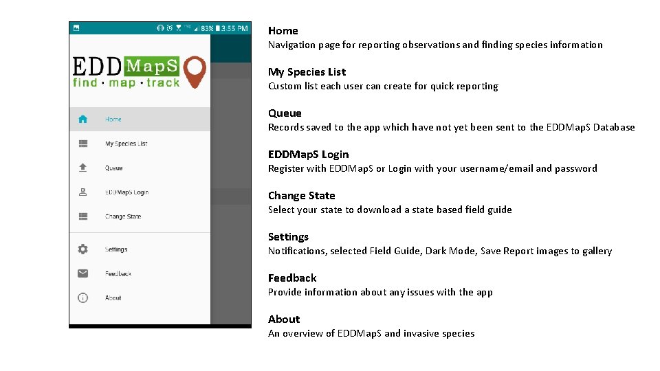 Home Navigation page for reporting observations and finding species information My Species List Custom