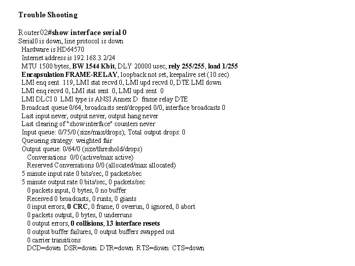 Trouble Shooting Router 02#show interface serial 0 Serial 0 is down, line protocol is