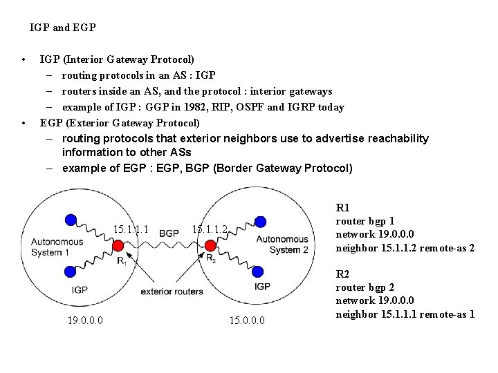 IGP and EGP • • IGP (Interior Gateway Protocol) – routing protocols in an