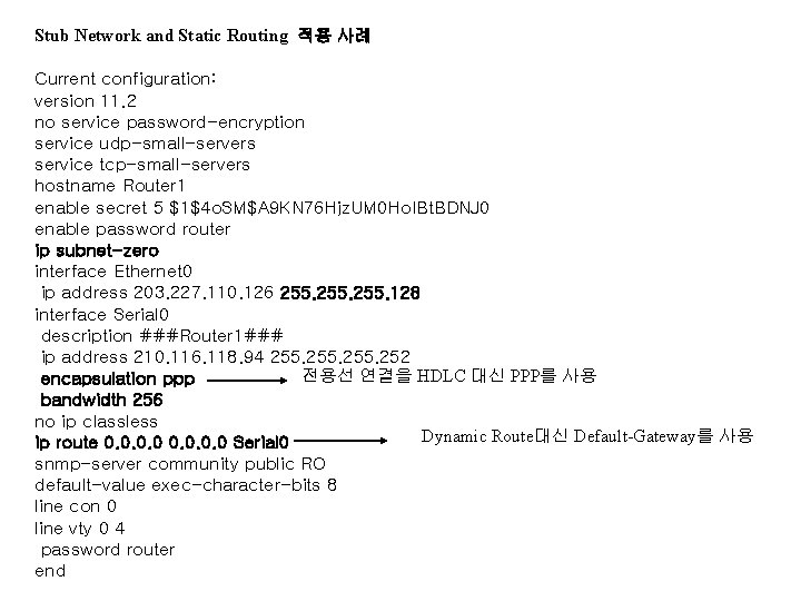 Stub Network and Static Routing 적용 사례 Current configuration: version 11. 2 no service