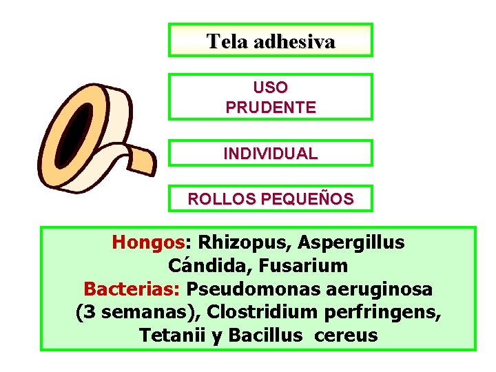 Tela adhesiva USO PRUDENTE INDIVIDUAL ROLLOS PEQUEÑOS Hongos: Rhizopus, Aspergillus Cándida, Fusarium Bacterias: Pseudomonas