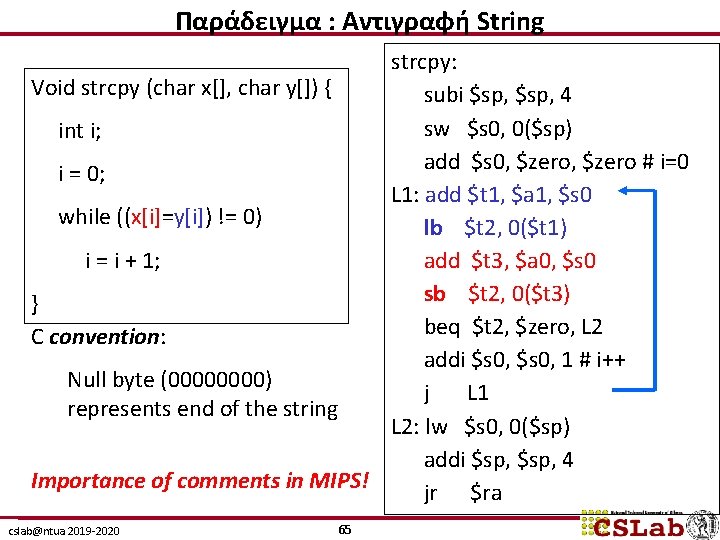 Παράδειγμα : Αντιγραφή String strcpy: Void strcpy (char x[], char y[]) { subi $sp,