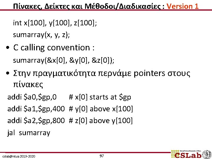 Πίνακες, Δείκτες και Μέθοδοι/Διαδικασίες : Version 1 int x[100], y[100], z[100]; sumarray(x, y, z);