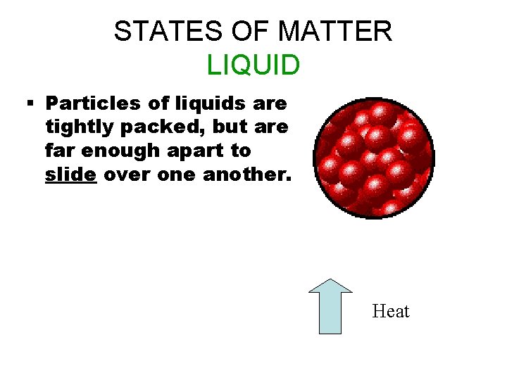 STATES OF MATTER LIQUID § Particles of liquids are tightly packed, but are far