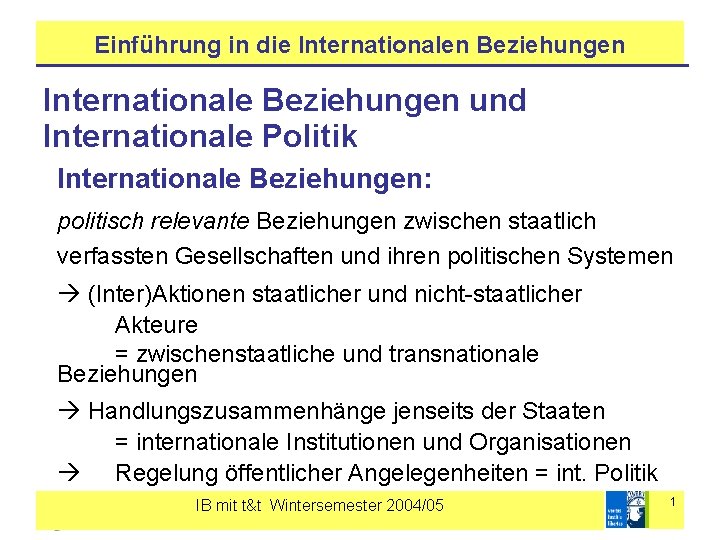 Einführung in die Internationalen Beziehungen Internationale Beziehungen und Internationale Politik Internationale Beziehungen: politisch relevante