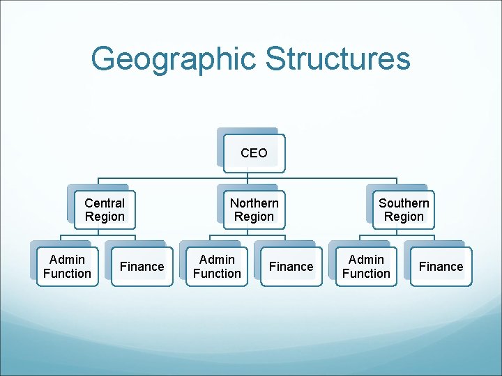 Geographic Structures CEO Central Region Admin Function Finance Northern Region Admin Function Finance Southern