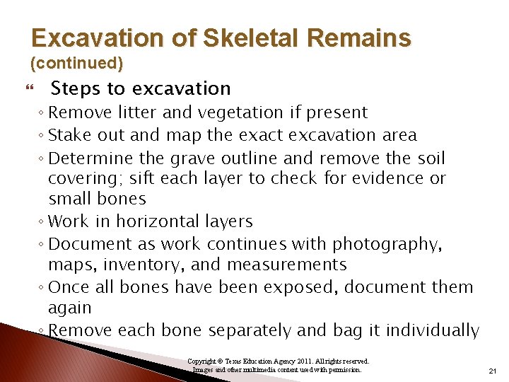 Excavation of Skeletal Remains (continued) Steps to excavation ◦ Remove litter and vegetation if