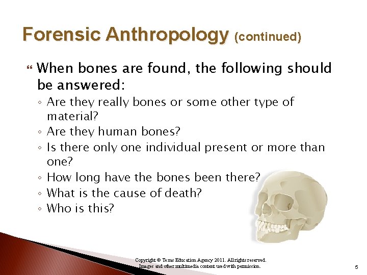 Forensic Anthropology (continued) When bones are found, the following should be answered: ◦ Are