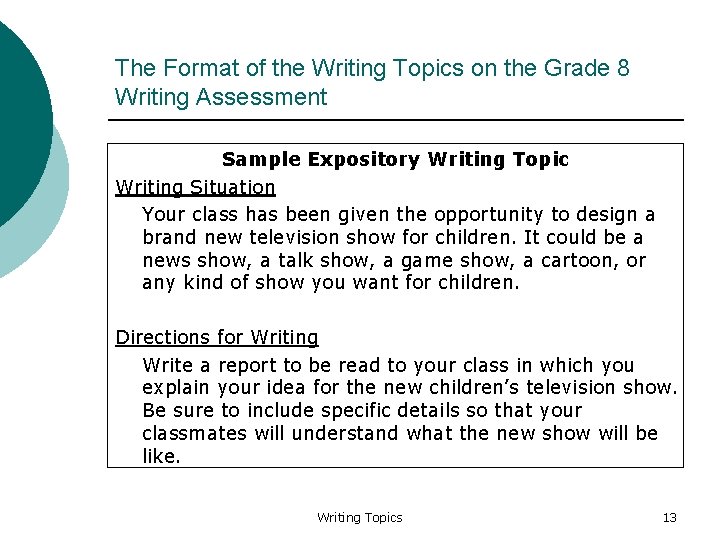 The Format of the Writing Topics on the Grade 8 Writing Assessment Sample Expository