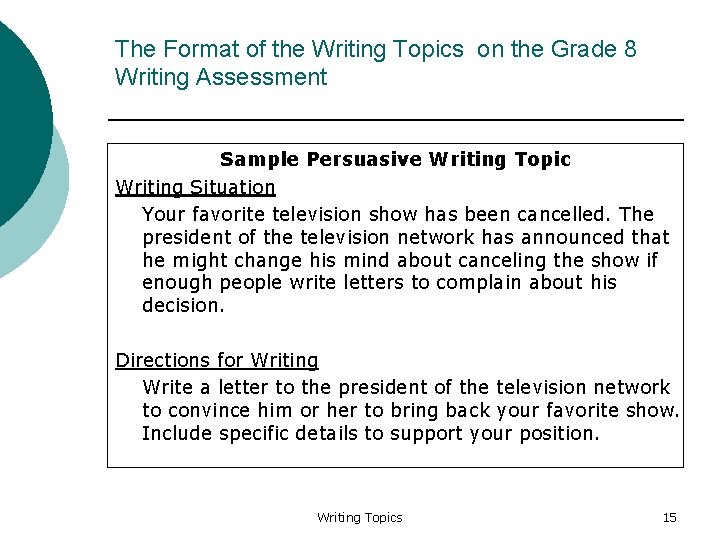 The Format of the Writing Topics on the Grade 8 Writing Assessment Sample Persuasive