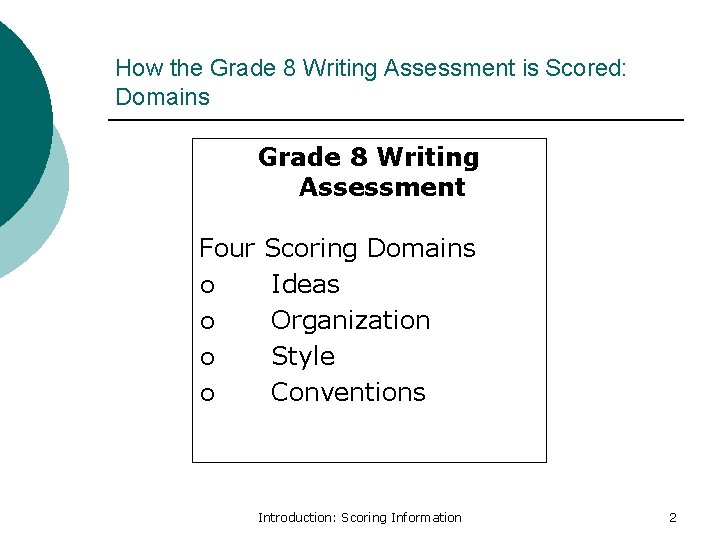 How the Grade 8 Writing Assessment is Scored: Domains Grade 8 Writing Assessment Four