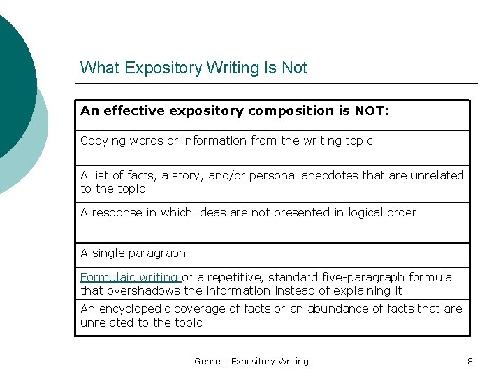 What Expository Writing Is Not An effective expository composition is NOT: Copying words or