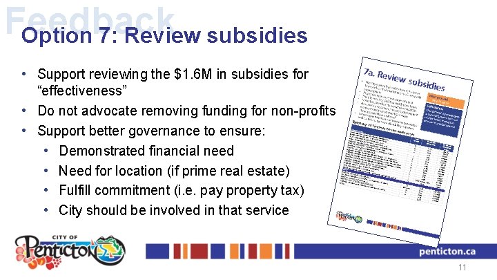 Feedback Option 7: Review subsidies • Support reviewing the $1. 6 M in subsidies