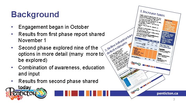 Background • • • Engagement began in October Results from first phase report shared