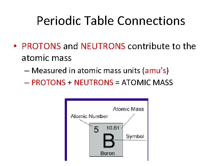 Periodic Table Connections • PROTONS and NEUTRONS contribute to the atomic mass – Measured