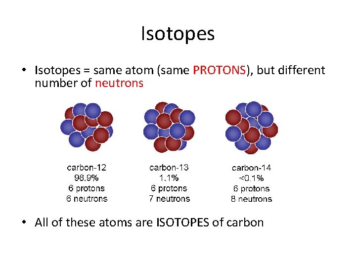 Isotopes • Isotopes = same atom (same PROTONS), but different number of neutrons •