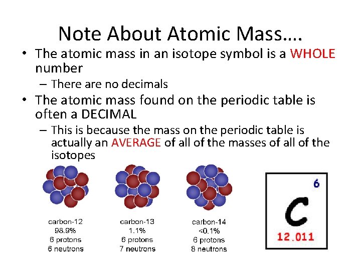 Note About Atomic Mass…. • The atomic mass in an isotope symbol is a