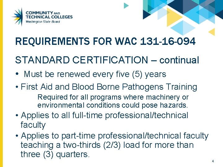REQUIREMENTS FOR WAC 131 -16 -094 STANDARD CERTIFICATION – continual • Must be renewed