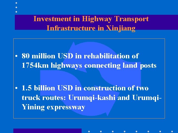 Investment in Highway Transport Infrastructure in Xinjiang • 80 million USD in rehabilitation of