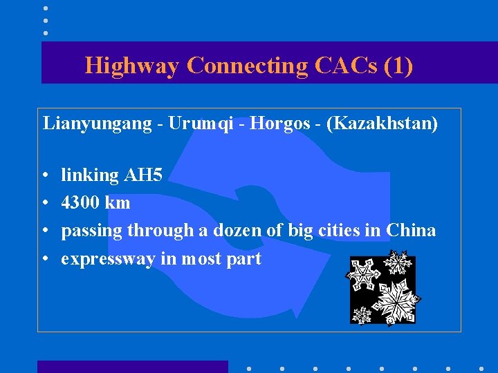 Highway Connecting CACs (1) Lianyungang - Urumqi - Horgos - (Kazakhstan) • • linking