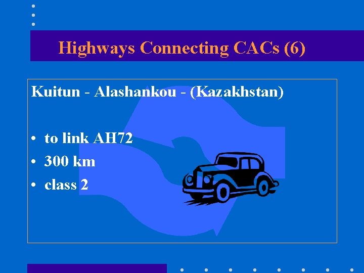 Highways Connecting CACs (6) Kuitun - Alashankou - (Kazakhstan) • to link AH 72