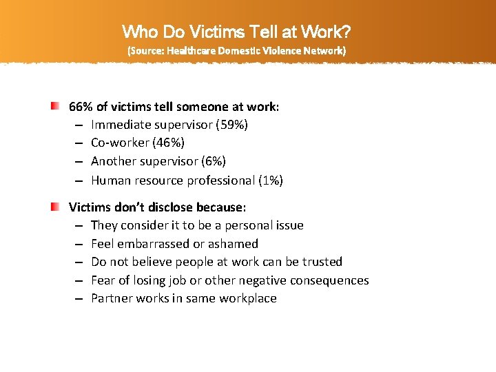 Who Do Victims Tell at Work? (Source: Healthcare Domestic Violence Network) 66% of victims