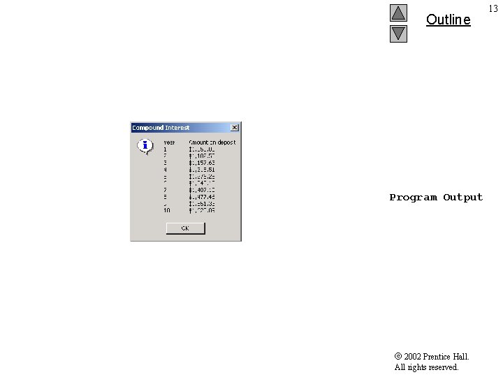 Outline Program Output 2002 Prentice Hall. All rights reserved. 13 