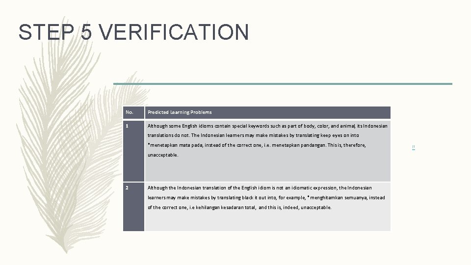 STEP 5 VERIFICATION No. Predicted Learning Problems 1 Although some English idioms contain special