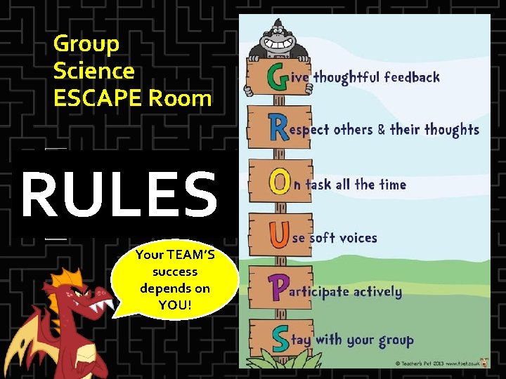 Group Science ESCAPE Room RULES Your TEAM’S success depends on YOU! 
